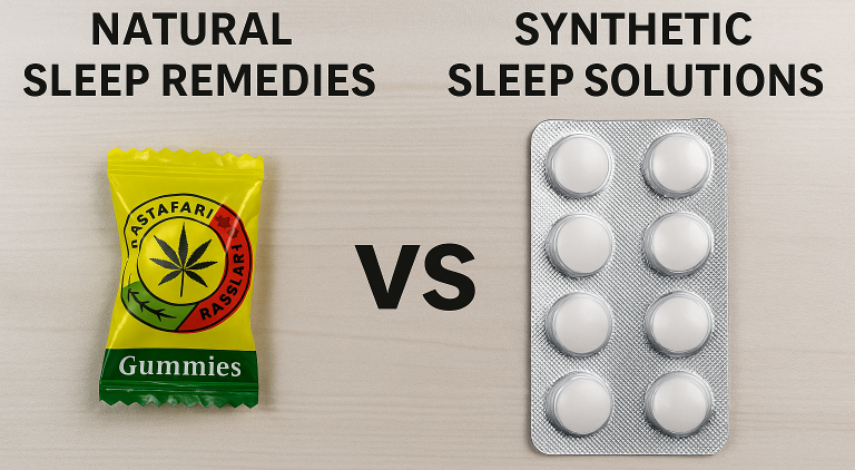 Rastafari Wellness Sleep Gummy Trial Pack and natural ingredients contrasted with artificial sleep pills to promote holistic Livity.